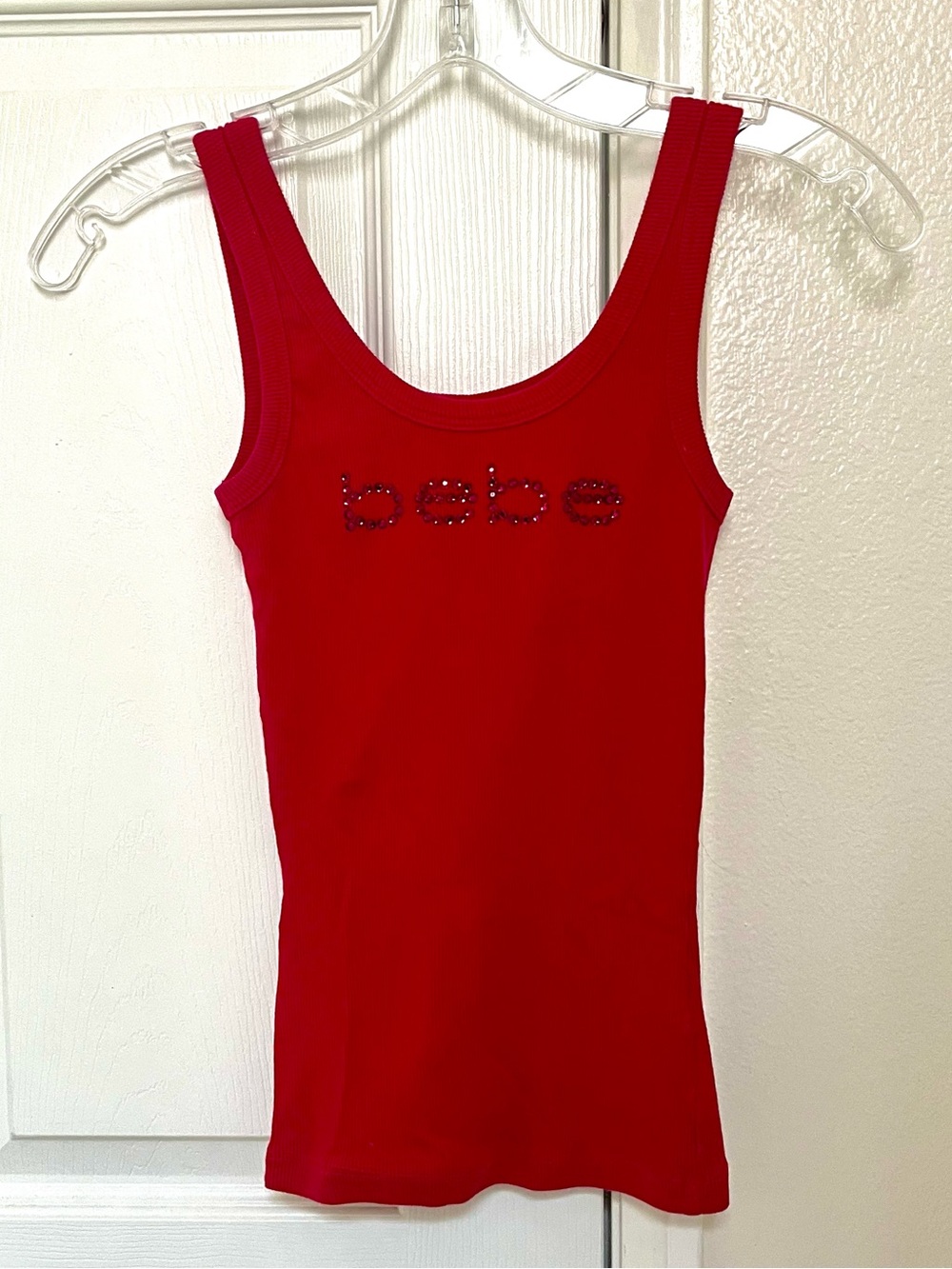Bebe Red Studded Rhinestone Logo Tank Top